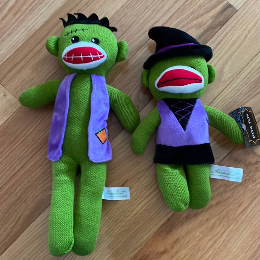 Homerbest Mr. & Mrs. Frankenstein sock monkey dog toys.